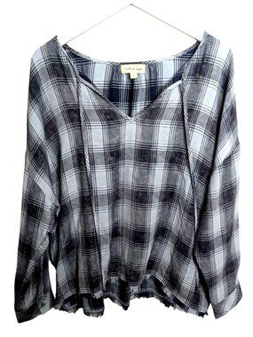 Cloth & Stone Navy Blue Plaid Long Sleeve Top With Frayed Hem Size L Boho